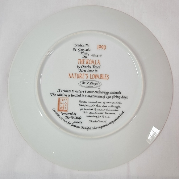 BRADEX THE KOALA 8.5” PLATE W’ COA ENDANGERED SPECIES BY CHARLES FRACE 1990 - Picture 2 of 4